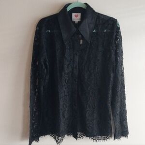 Hester & Orchard New York Black Satin & Lace Cotton Blend Button Front Top NWT